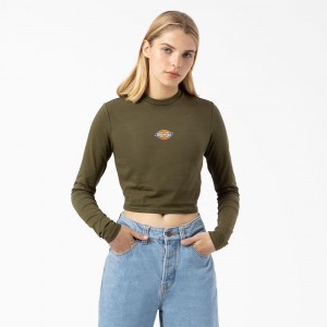 Women's Dickies Maple Valley Logo Long Sleeve Cropped T-Shirt Green | 9376145-NL