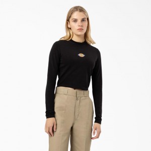 Women's Dickies Maple Valley Logo Long Sleeve Cropped T-Shirt Black | 6521490-SF