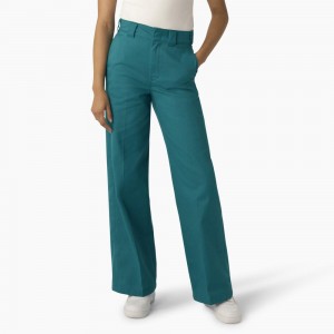 Women's Dickies Regular Fit Wide Leg Work Pants Green | 0782943-RW