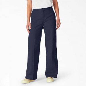 Women's Dickies Regular Fit Wide Leg Work Pants Navy | 9358476-OQ