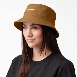 Women's Dickies Script Logo Canvas Bucket Hat Brown | 3256879-MI