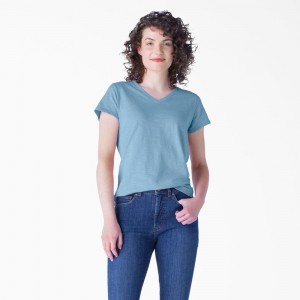 Women's Dickies Short Sleeve V-Neck T-Shirt Blue | 0381297-XC