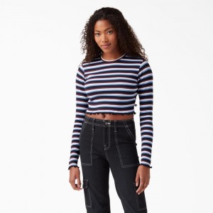 Women's Dickies Striped Long Sleeve Cropped T-Shirt Burgundy | 3804576-PI