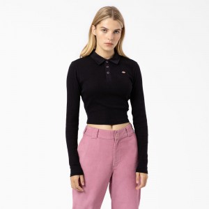 Women's Dickies Tallasee Long Sleeve Cropped Polo Shirt Black | 7036259-RO