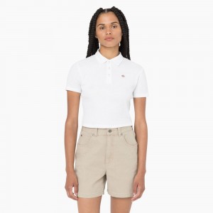 Women's Dickies Tallasee Short Sleeve Cropped Polo Shirt White | 3597421-JV