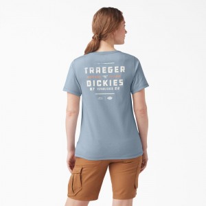 Women's Dickies Traeger x Pocket T-Shirt Blue | 1698732-OX