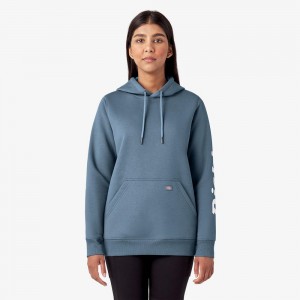 Women's Dickies Water Repellent Sleeve Logo Hoodie Blue | 7546281-NB