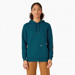 Women's Dickies Water Repellent Sleeve Logo Hoodie Blue | 9057231-DF