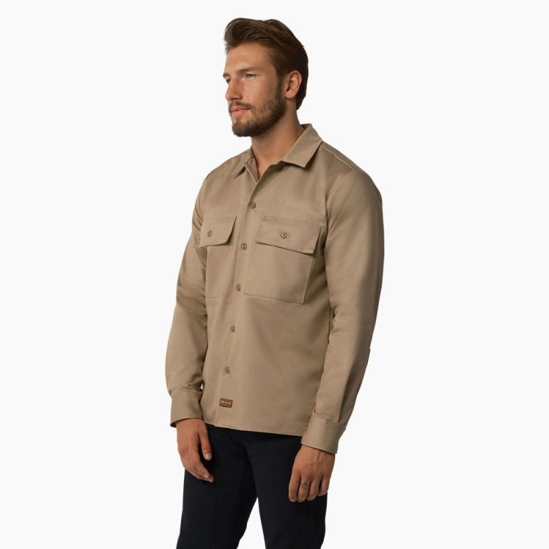 Men's Dickies 1922 Premium Twill Long Sleeve Shirt Brown | 1350826-SZ