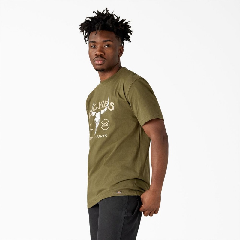 Men's Dickies Bull Skull Heavyweight T-Shirt Green | 8032947-XW