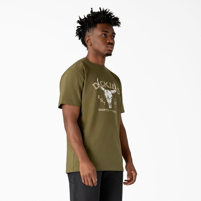 Men's Dickies Bull Skull Heavyweight T-Shirt Green | 8032947-XW