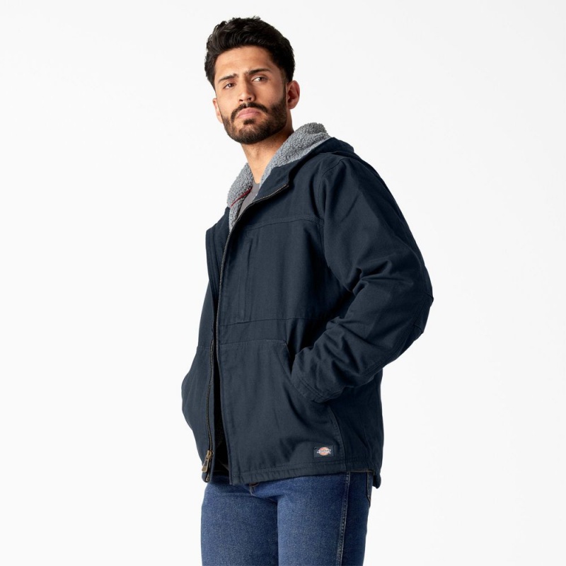 Men's Dickies Duck Canvas High Pile Fleece Lined Jacket Navy | 3816754-PS