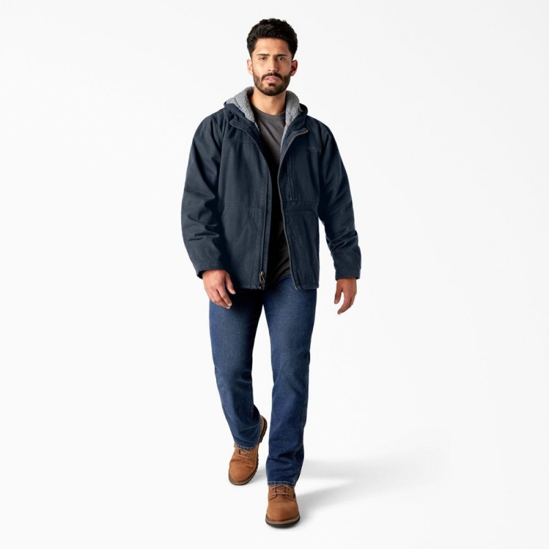 Men's Dickies Duck Canvas High Pile Fleece Lined Jacket Navy | 3816754-PS