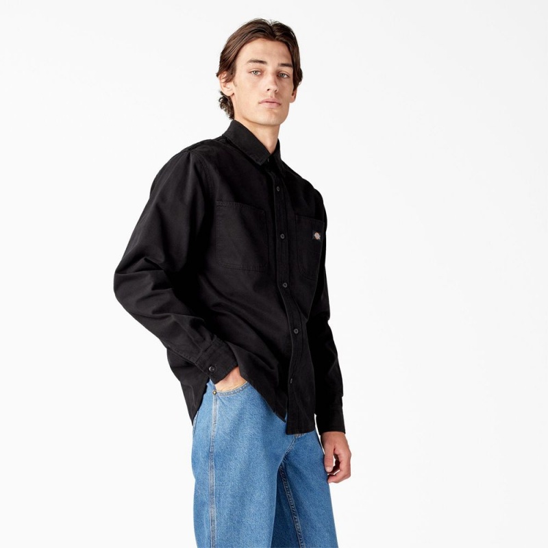 Men's Dickies Duck Canvas Long Sleeve Utility Shirt Black | 4615823-ND