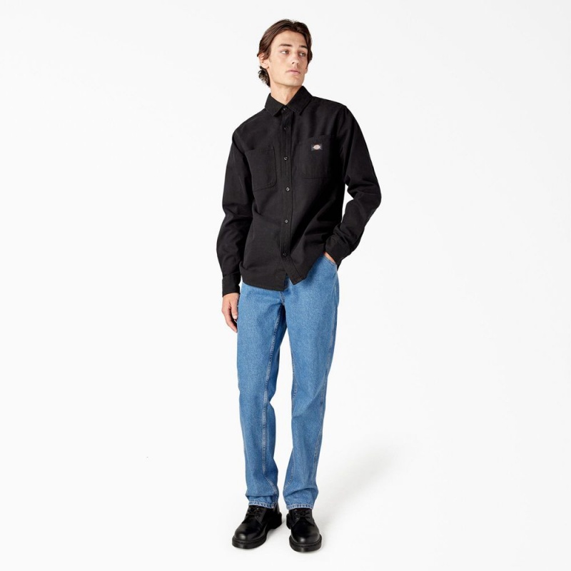 Men's Dickies Duck Canvas Long Sleeve Utility Shirt Black | 4615823-ND