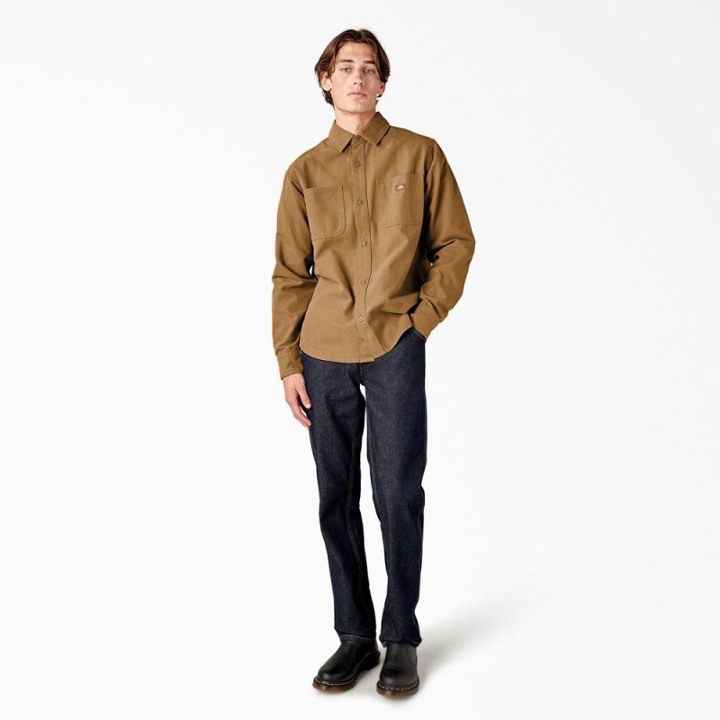 Men's Dickies Duck Canvas Long Sleeve Utility Shirt Brown | 0382674-DQ