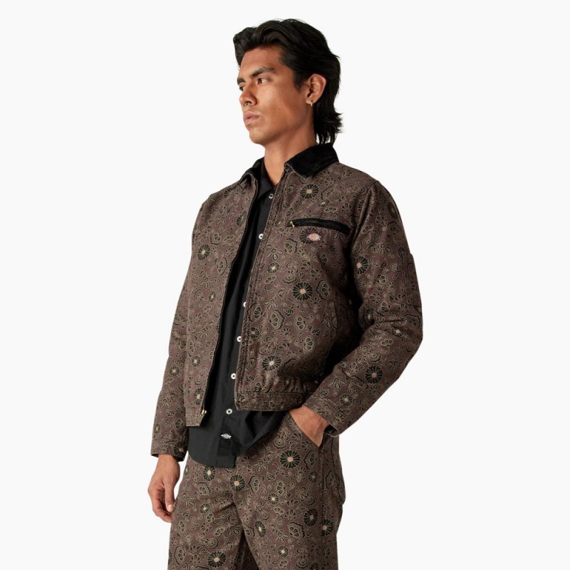 Men's Dickies Ellis Floral Print Duck Canvas Jacket Brown | 8364572-HV