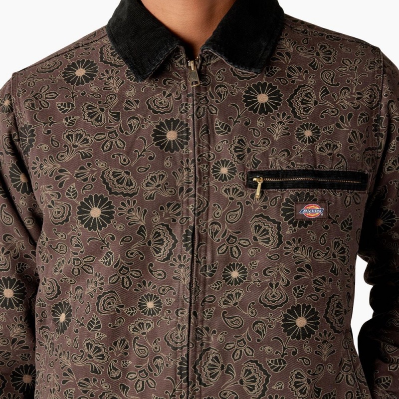 Men's Dickies Ellis Floral Print Duck Canvas Jacket Brown | 8364572-HV