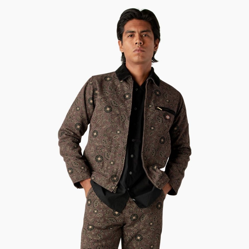 Men\'s Dickies Ellis Floral Print Duck Canvas Jacket Brown | 8364572-HV