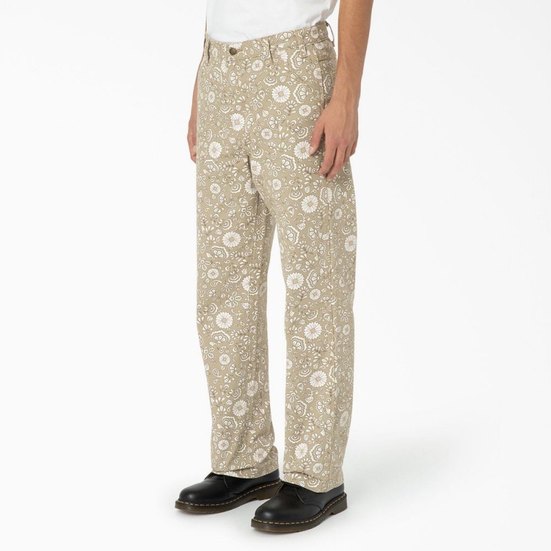 Men's Dickies Ellis Floral Print Duck Canvas Pants Khaki | 1425398-AT