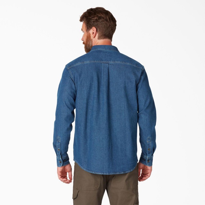 Men's Dickies FLEX Denim Long Sleeve Shirt Blue | 4021687-DZ