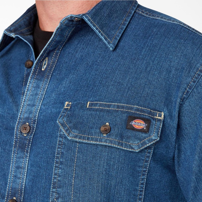 Men's Dickies FLEX Denim Long Sleeve Shirt Blue | 4021687-DZ