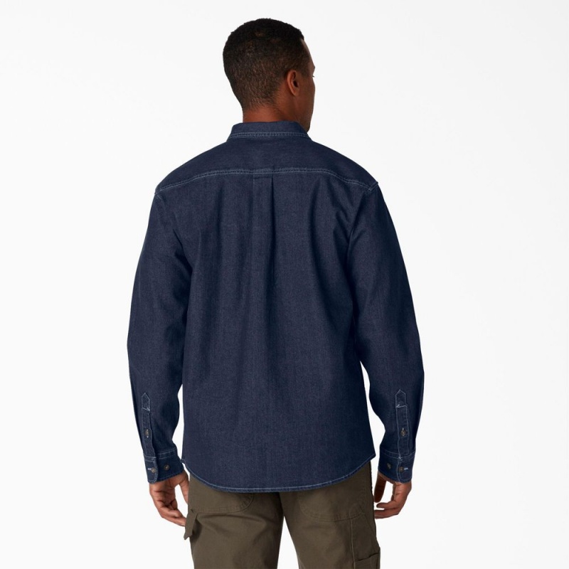 Men's Dickies FLEX Denim Long Sleeve Shirt Blue | 2814930-KL