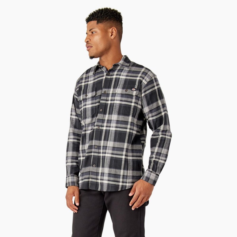 Men's Dickies FLEX Long Sleeve Flannel Shirt Black | 5389610-KL