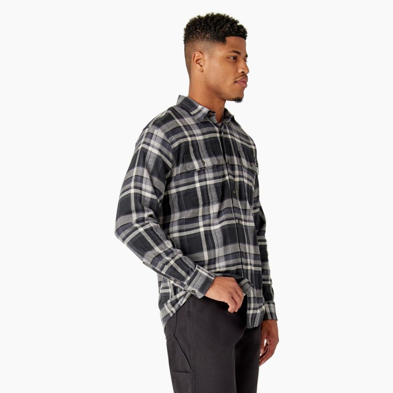 Men's Dickies FLEX Long Sleeve Flannel Shirt Black | 5389610-KL