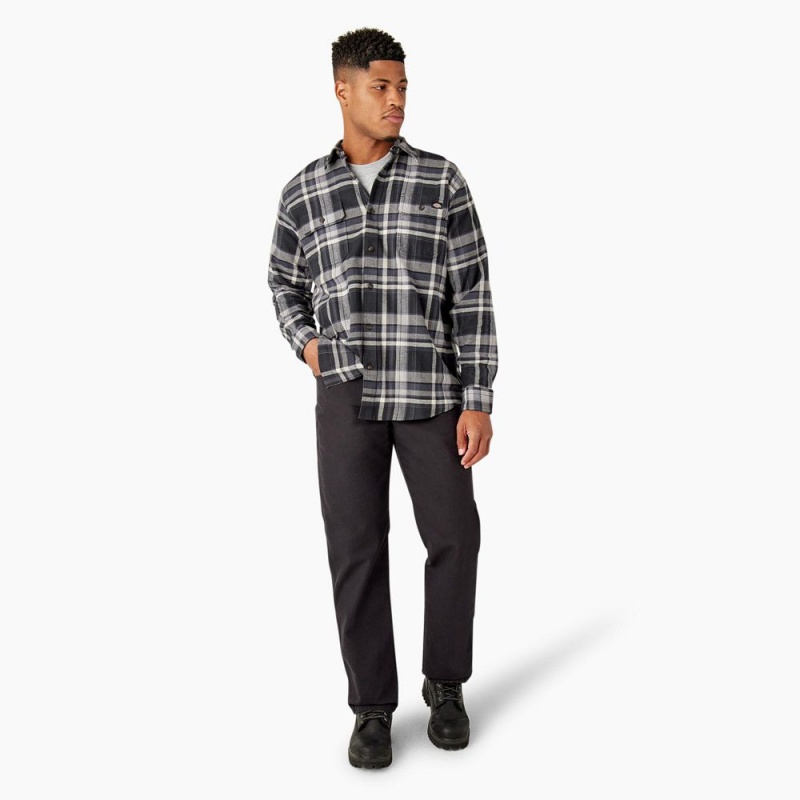 Men's Dickies FLEX Long Sleeve Flannel Shirt Black | 5389610-KL