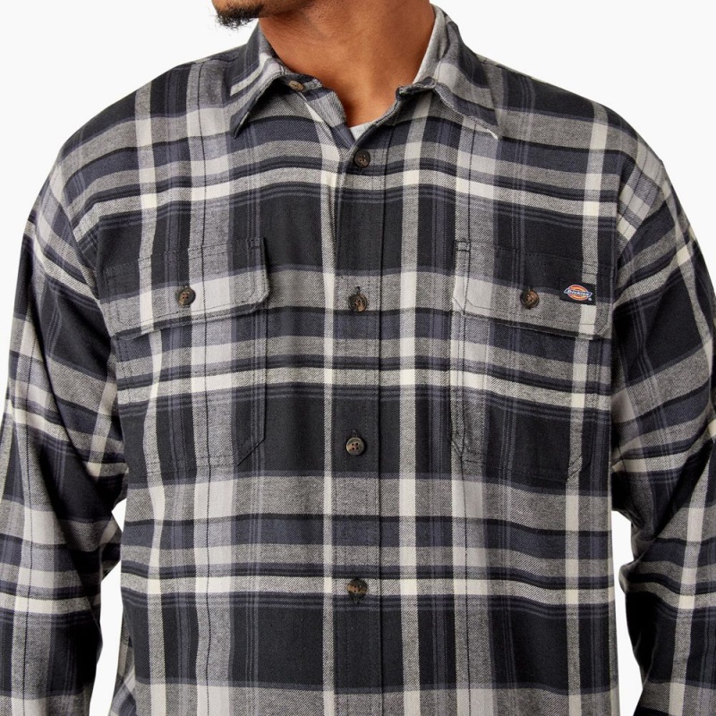 Men's Dickies FLEX Long Sleeve Flannel Shirt Black | 5389610-KL