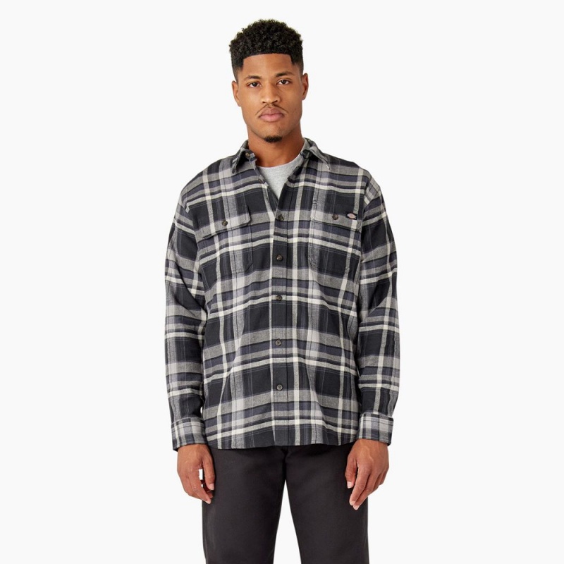 Men\'s Dickies FLEX Long Sleeve Flannel Shirt Black | 5389610-KL