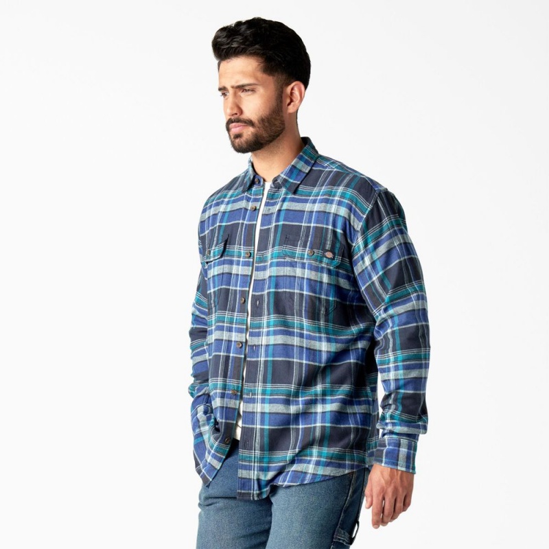 Men's Dickies FLEX Long Sleeve Flannel Shirt Blue | 0175429-VO