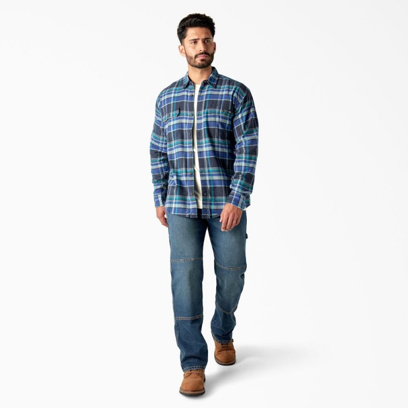 Men's Dickies FLEX Long Sleeve Flannel Shirt Blue | 0175429-VO