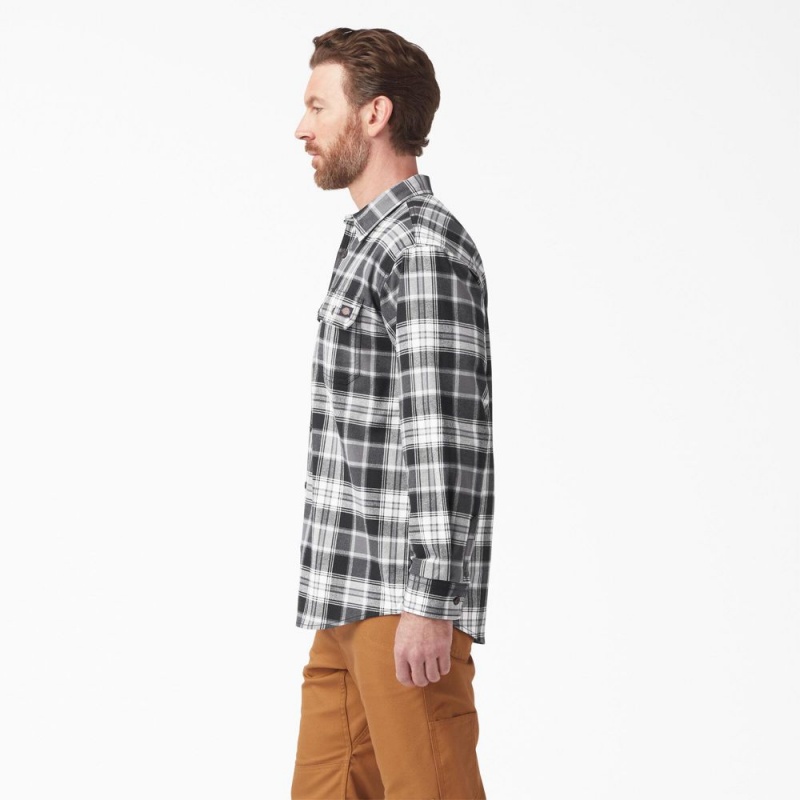 Men's Dickies FLEX Long Sleeve Flannel Shirt Black | 9406352-LK