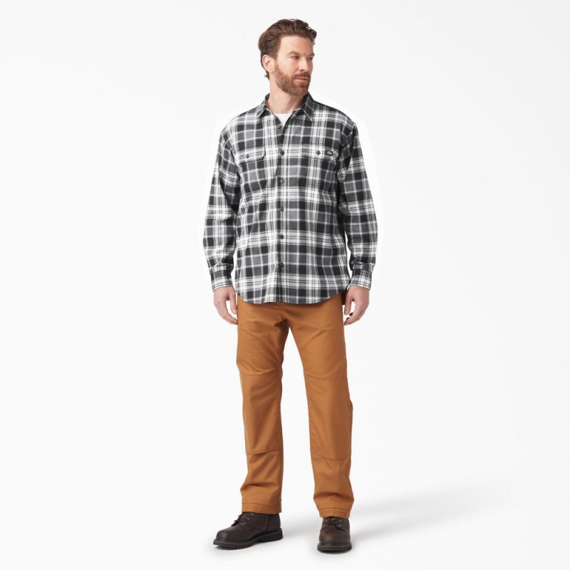 Men's Dickies FLEX Long Sleeve Flannel Shirt Black | 9406352-LK