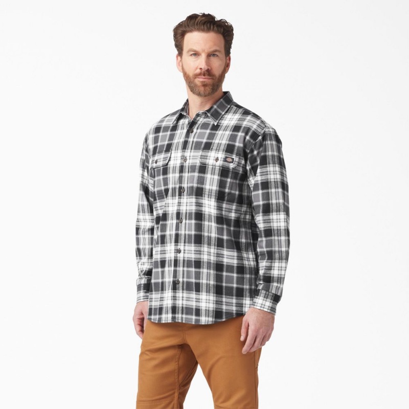 Men\'s Dickies FLEX Long Sleeve Flannel Shirt Black | 9406352-LK