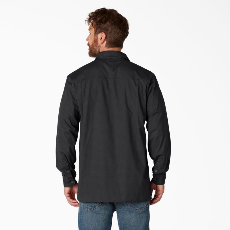 Men's Dickies FLEX Ripstop Long Sleeve Shirt Black | 1264589-NG