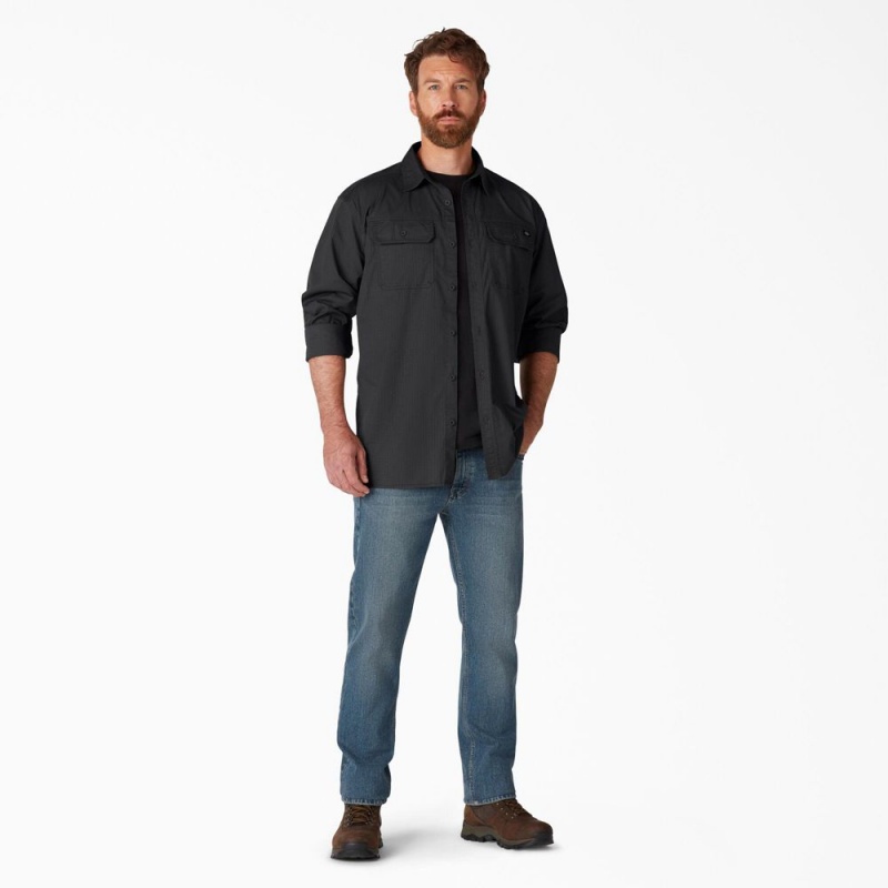 Men's Dickies FLEX Ripstop Long Sleeve Shirt Black | 1264589-NG