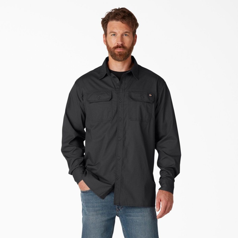 Men\'s Dickies FLEX Ripstop Long Sleeve Shirt Black | 1264589-NG