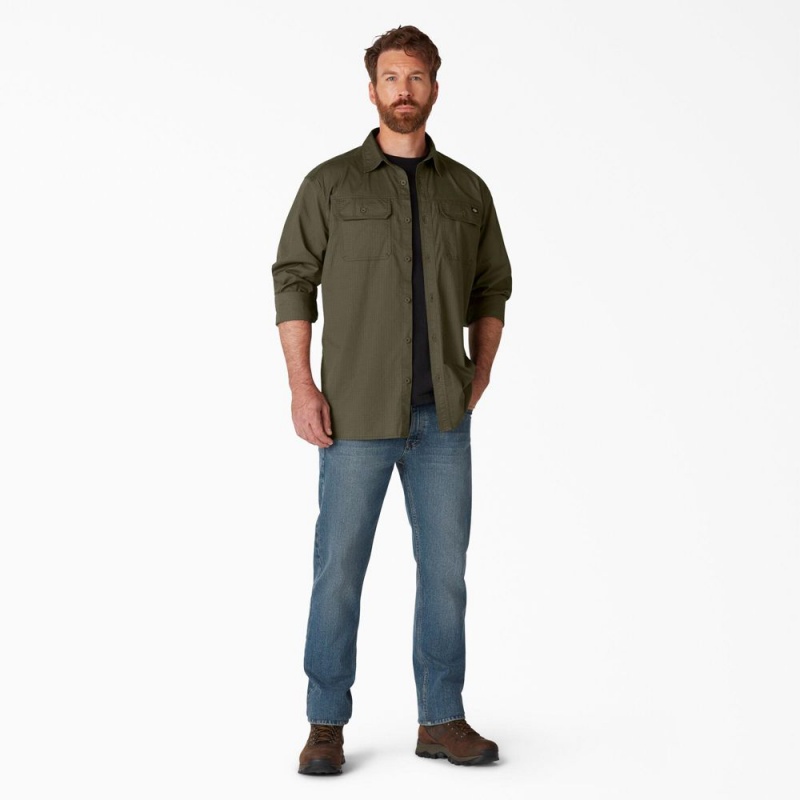 Men's Dickies FLEX Ripstop Long Sleeve Shirt Green | 6271580-LP