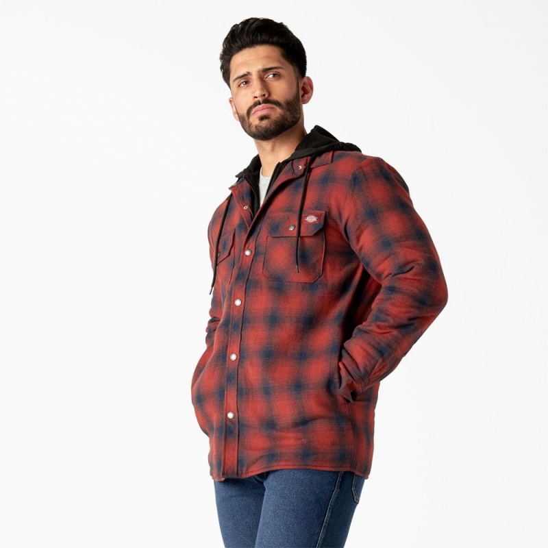 Men's Dickies Flannel Hooded Shirt Jacket Red | 7592640-HZ