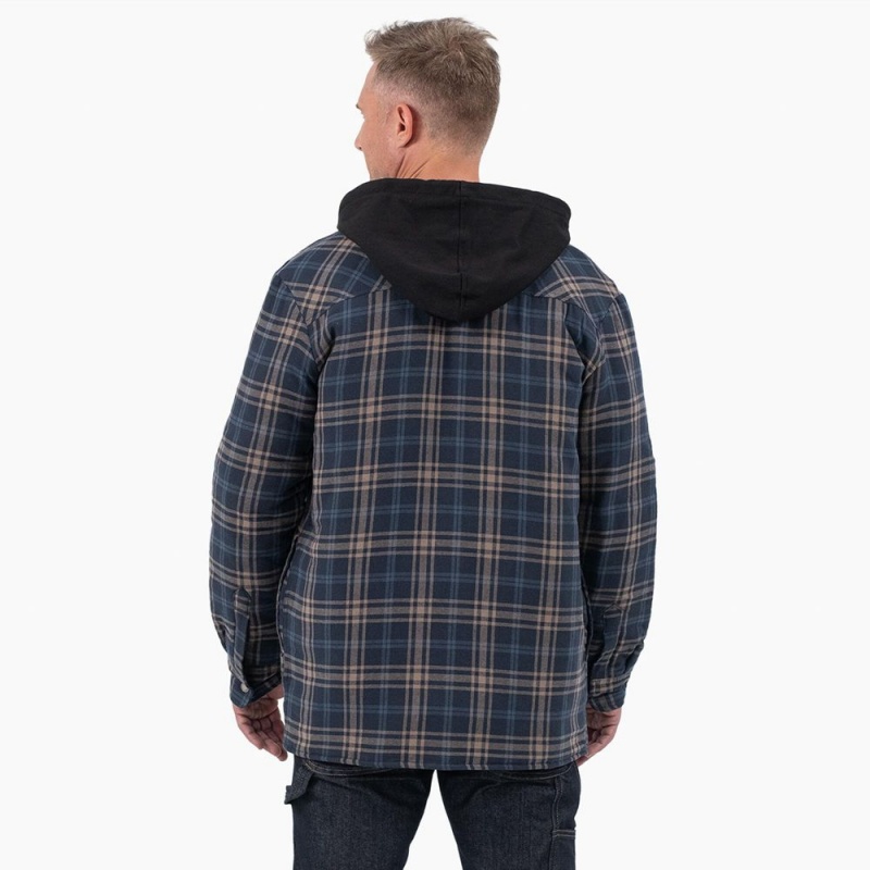 Men's Dickies Flannel Hooded Shirt Jacket Navy | 0549231-CS