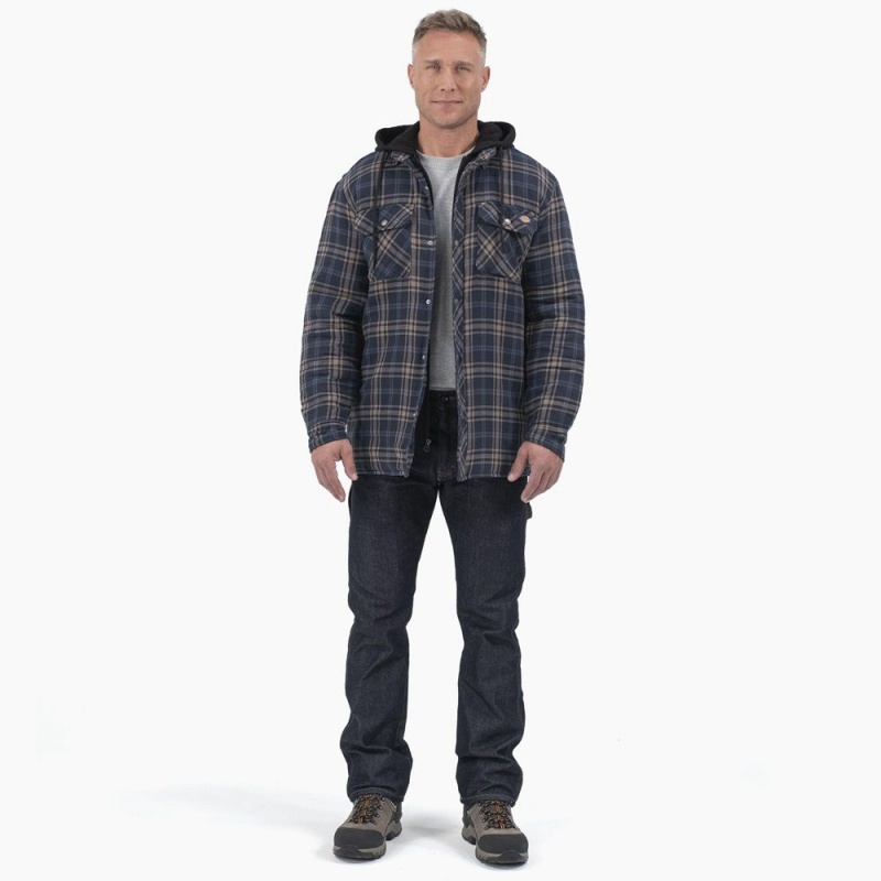 Men's Dickies Flannel Hooded Shirt Jacket Navy | 0549231-CS