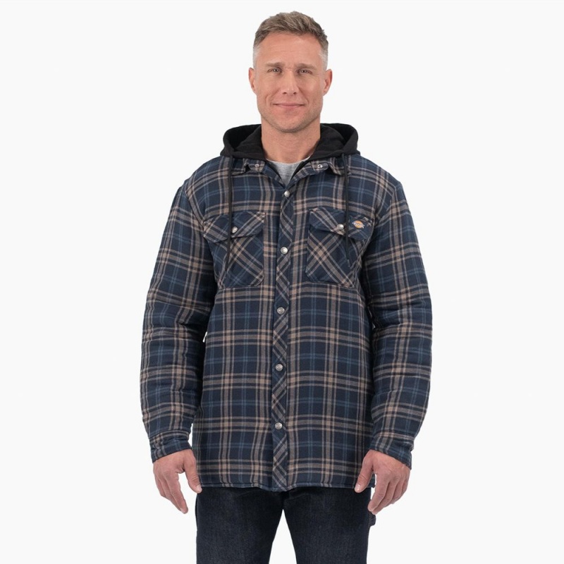 Men\'s Dickies Flannel Hooded Shirt Jacket Navy | 0549231-CS