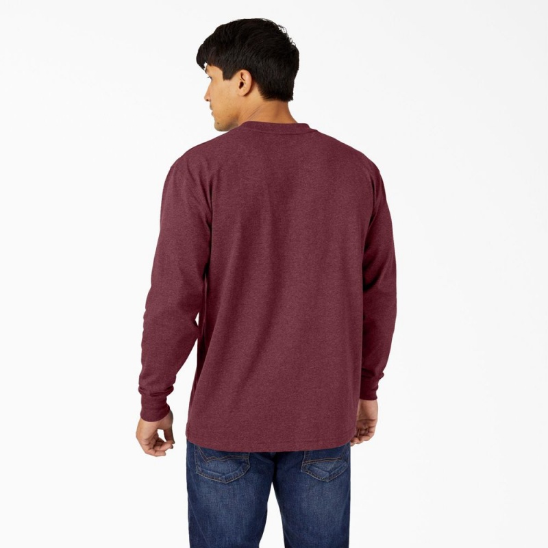 Men's Dickies Heavyweight Heathered Long Sleeve Pocket T-Shirt Burgundy | 5023491-UH