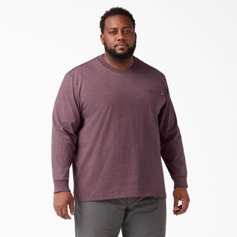 Men's Dickies Heavyweight Heathered Long Sleeve Pocket T-Shirt Burgundy | 5023491-UH