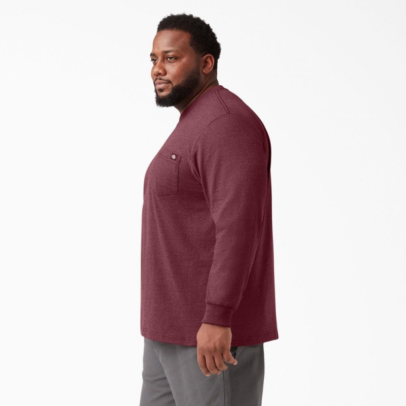 Men's Dickies Heavyweight Heathered Long Sleeve Pocket T-Shirt Burgundy | 5023491-UH