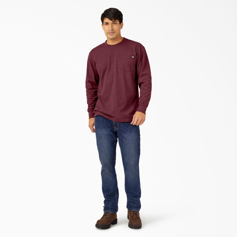 Men's Dickies Heavyweight Heathered Long Sleeve Pocket T-Shirt Burgundy | 5023491-UH