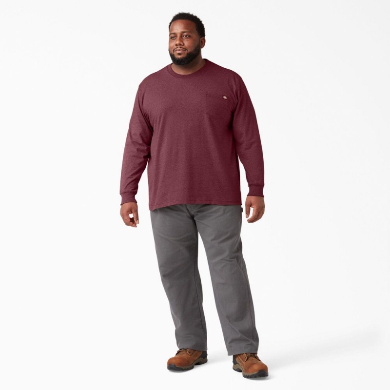 Men's Dickies Heavyweight Heathered Long Sleeve Pocket T-Shirt Burgundy | 5023491-UH